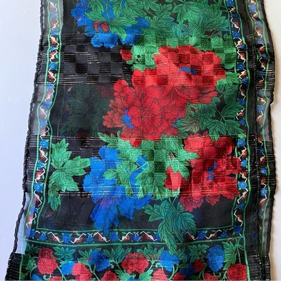 Bold bright blue red floral print pattern scarf silky wrap gold  threating 11x54 - Picture 4 of 5